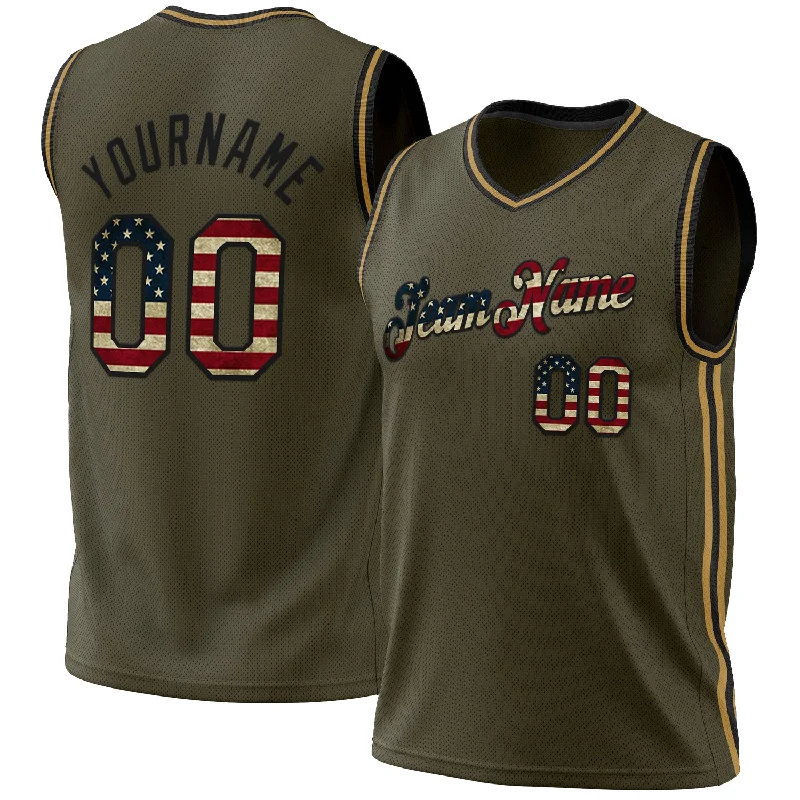 Custom Olive Vintage USA Flag Black-Old Gold Authentic Throwback Salute To Service Basketball Jersey