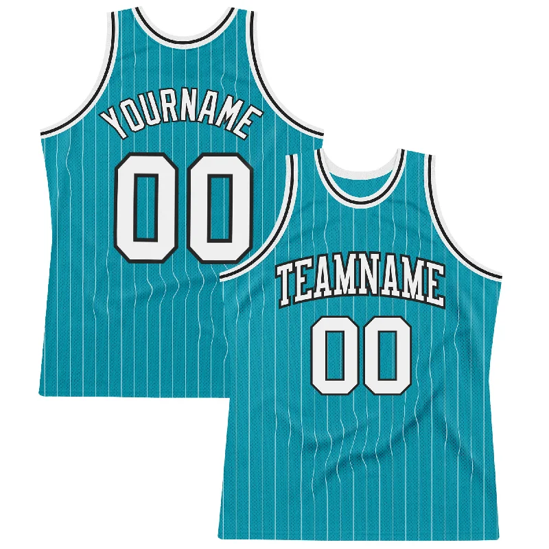 Custom Teal White Pinstripe White-Black Authentic Basketball Jersey