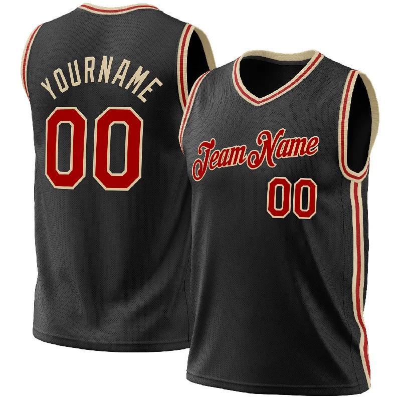 Custom Black Red-Cream Authentic Throwback Basketball Jersey