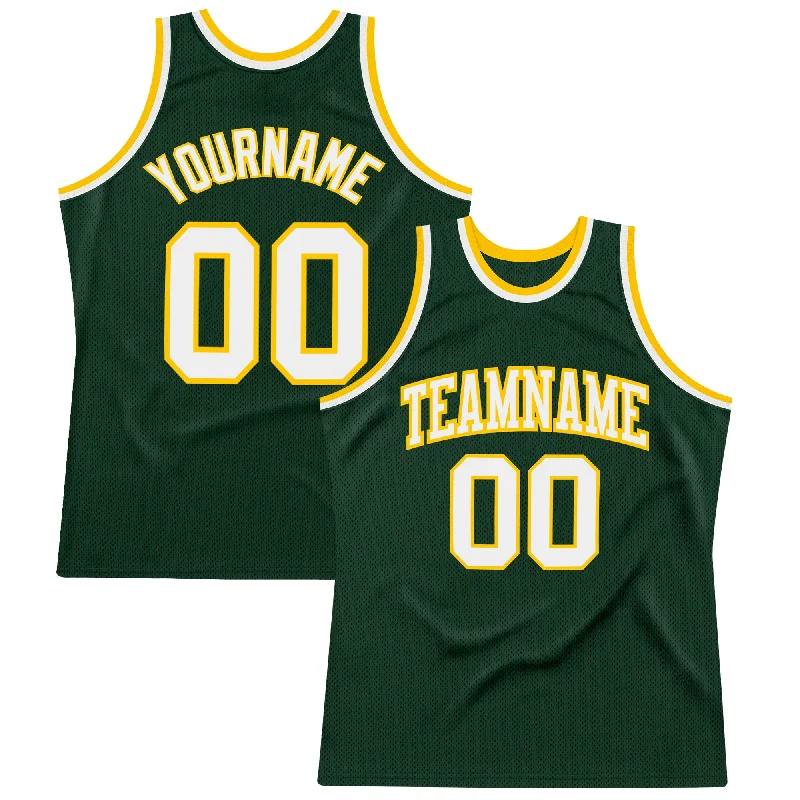 Custom Hunter Green White-Gold Authentic Throwback Basketball Jersey