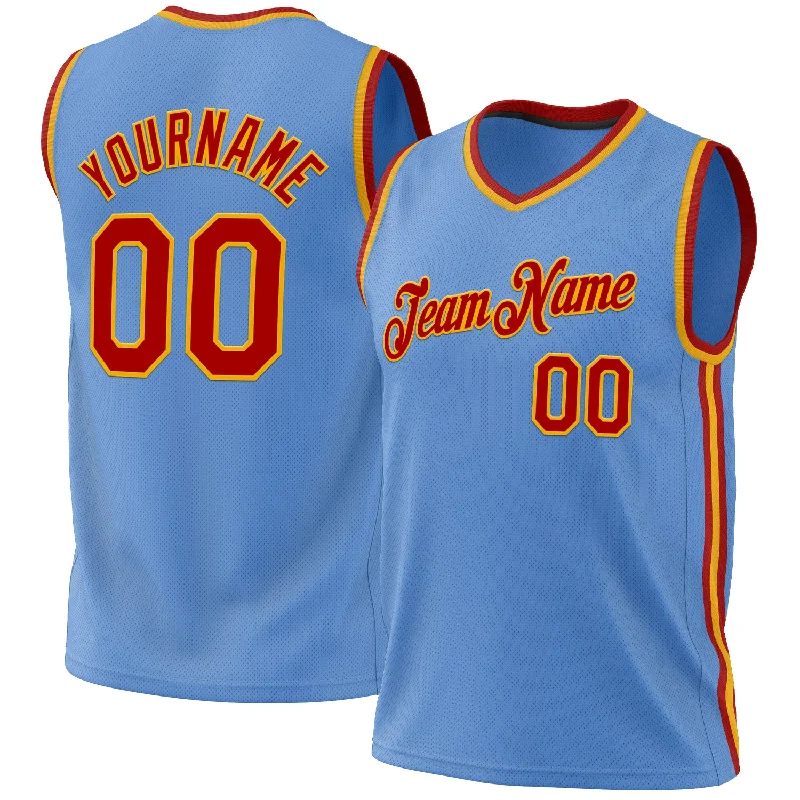 Custom Light Blue Red-Gold Authentic Throwback Basketball Jersey