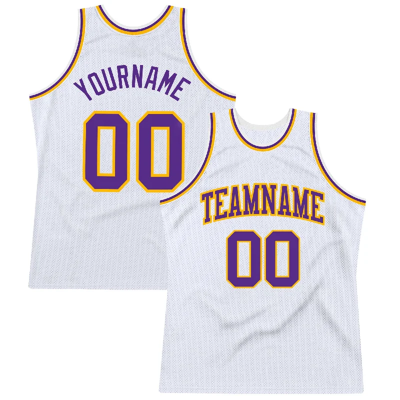 Custom White Purple-Gold Authentic Throwback Basketball Jersey