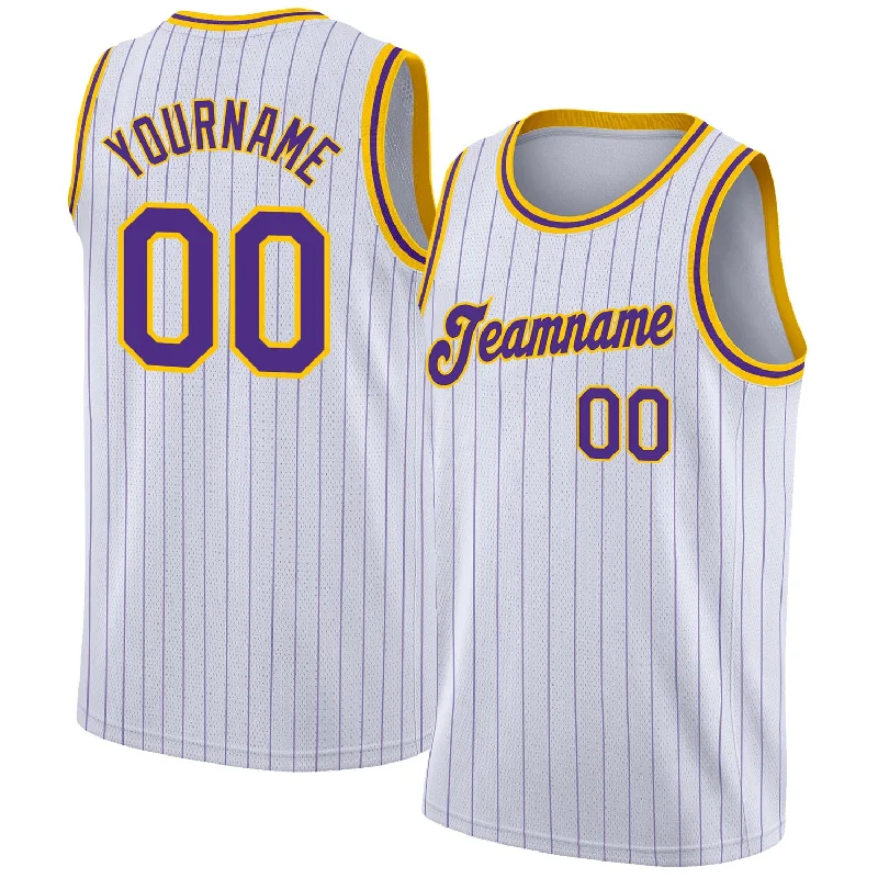 Custom White Purple Pinstripe Purple-Gold Authentic Basketball Jersey