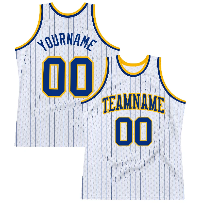 Custom White Royal Pinstripe Royal-Gold Authentic Basketball Jersey