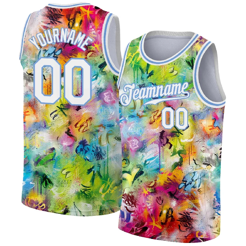 Custom Scratch Graffiti Pattern White-Light Blue 3D Authentic Basketball Jersey