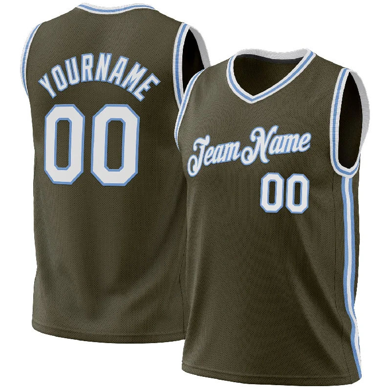 Custom Olive White-Light Blue Authentic Throwback Salute To Service Basketball Jersey