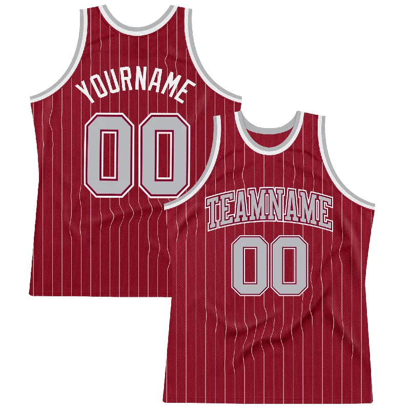 Custom Maroon White Pinstripe Gray Authentic Basketball Jersey