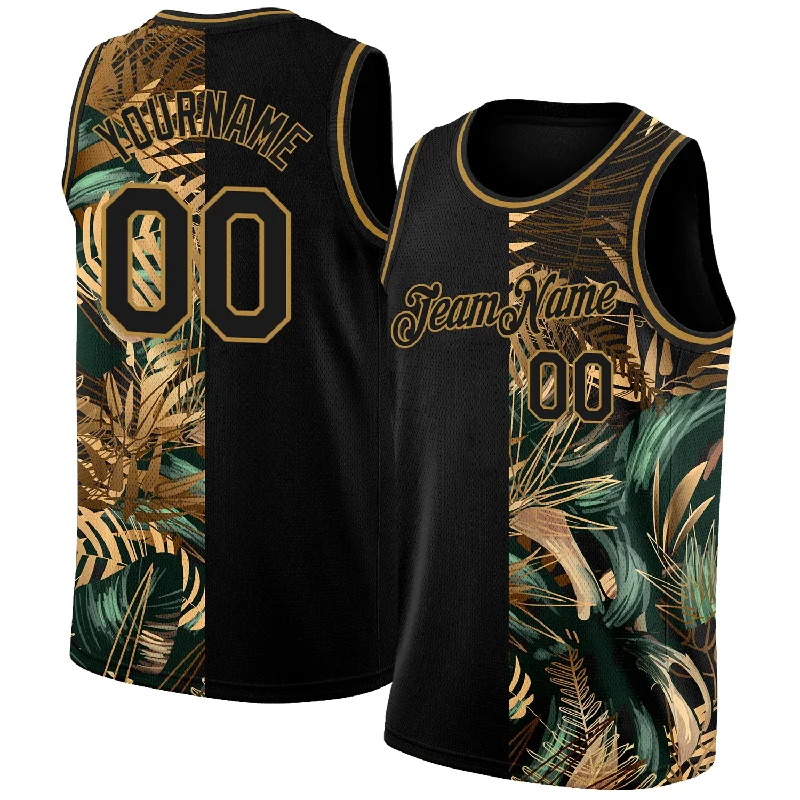 Custom Black Old Gold 3D Pattern Tropical Hawaii Palm Leaves Authentic Basketball Jersey