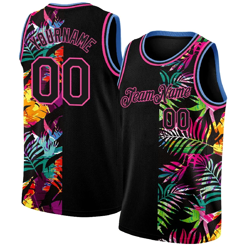 Custom Black Pink-Light Blue 3D PatternTropical Hawaii Palm Leaves Authentic Basketball Jersey