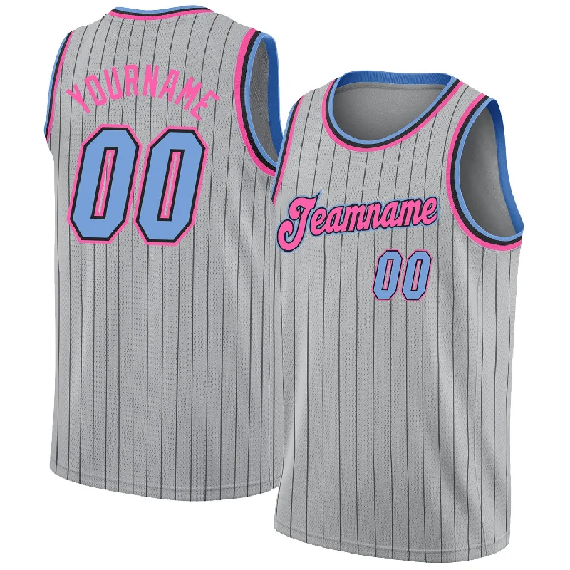 Custom Gray Black Pinstripe Light Blue-Pink Authentic Basketball Jersey