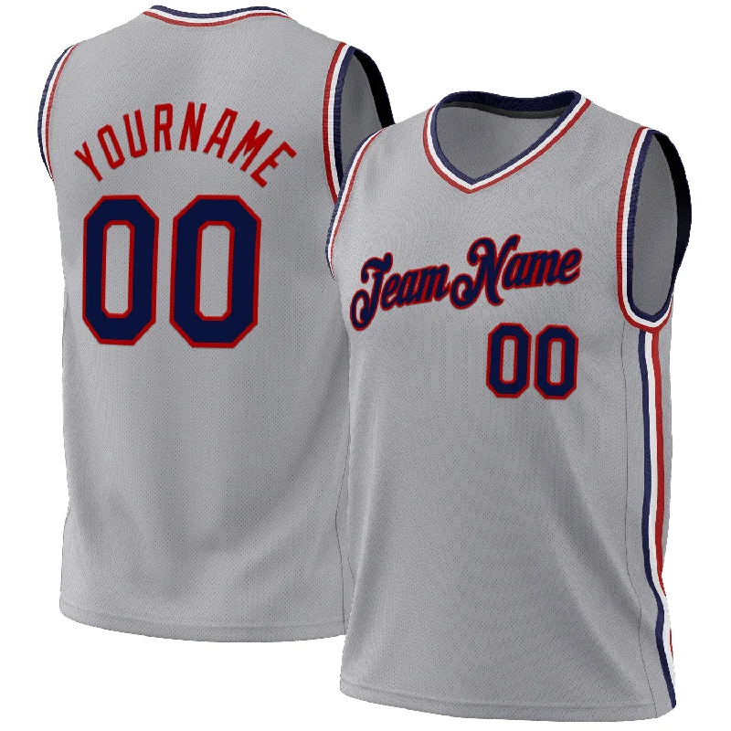 Custom Gray Navy-Red Authentic Throwback Basketball Jersey