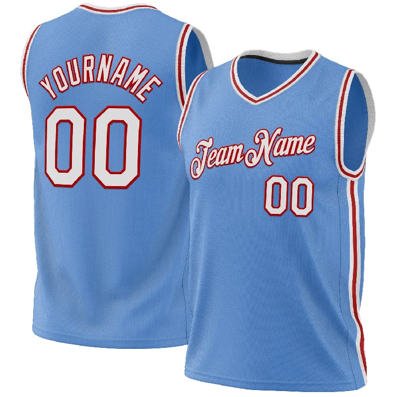 Custom Light Blue White-Red Authentic Throwback Basketball Jersey