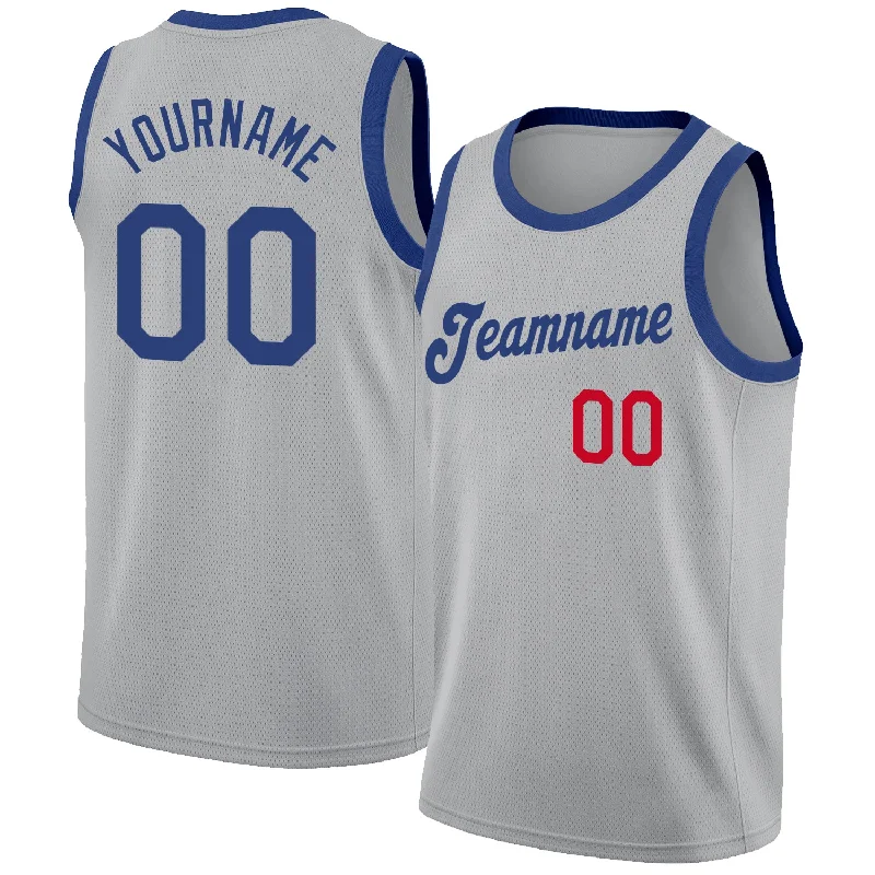 Custom Gray Royal-Red Round Neck Rib-Knit Basketball Jersey