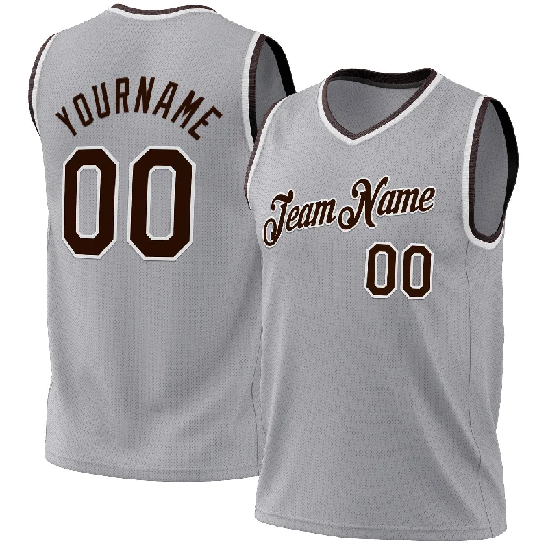 Custom Gray Brown-White Authentic Throwback Basketball Jersey