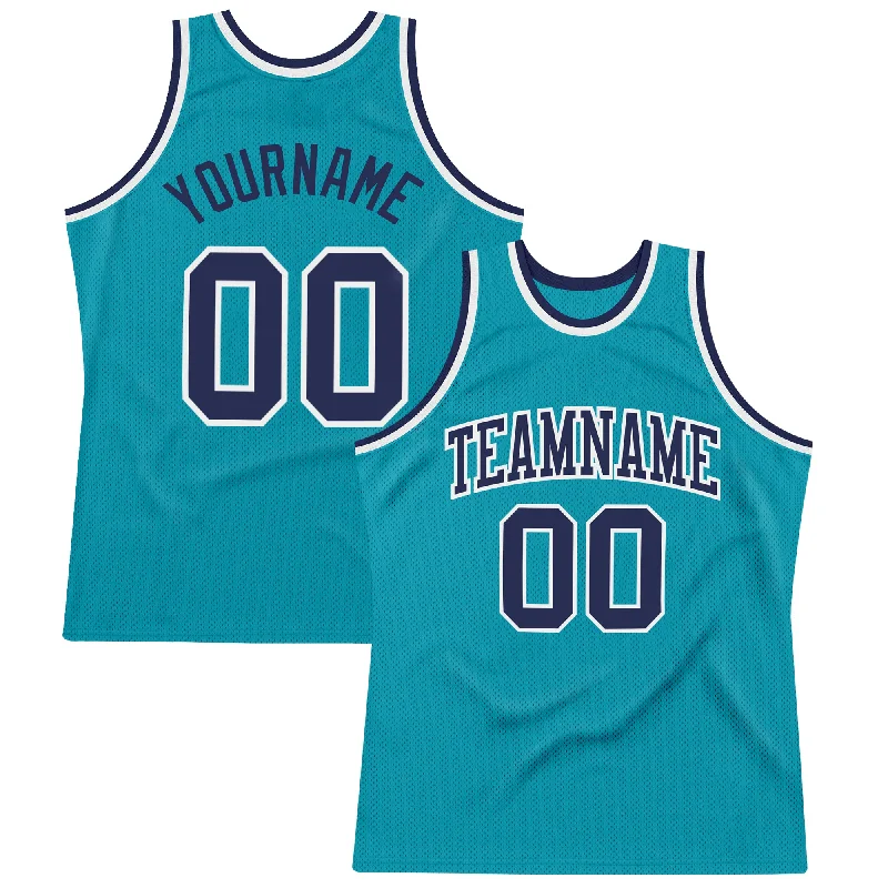 Custom Teal Navy-White Authentic Throwback Basketball Jersey