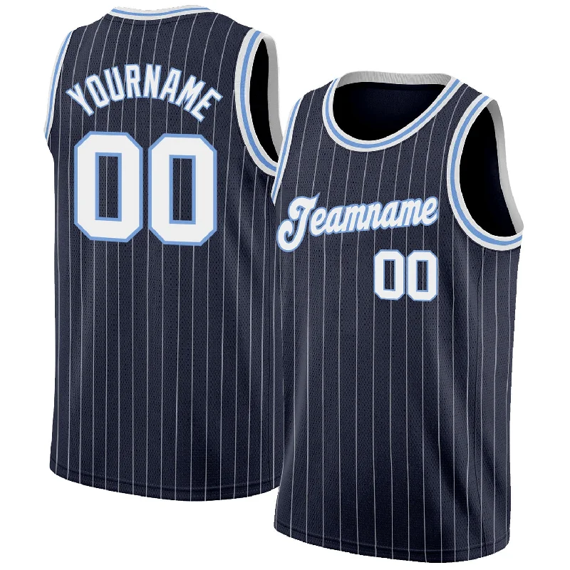 Custom Navy White Pinstripe White-Light Blue Authentic Basketball Jersey