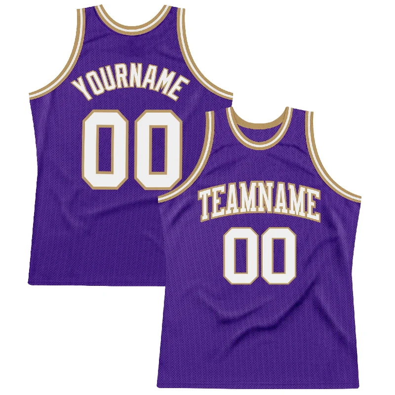 Custom Purple White-Old Gold Authentic Throwback Basketball Jersey