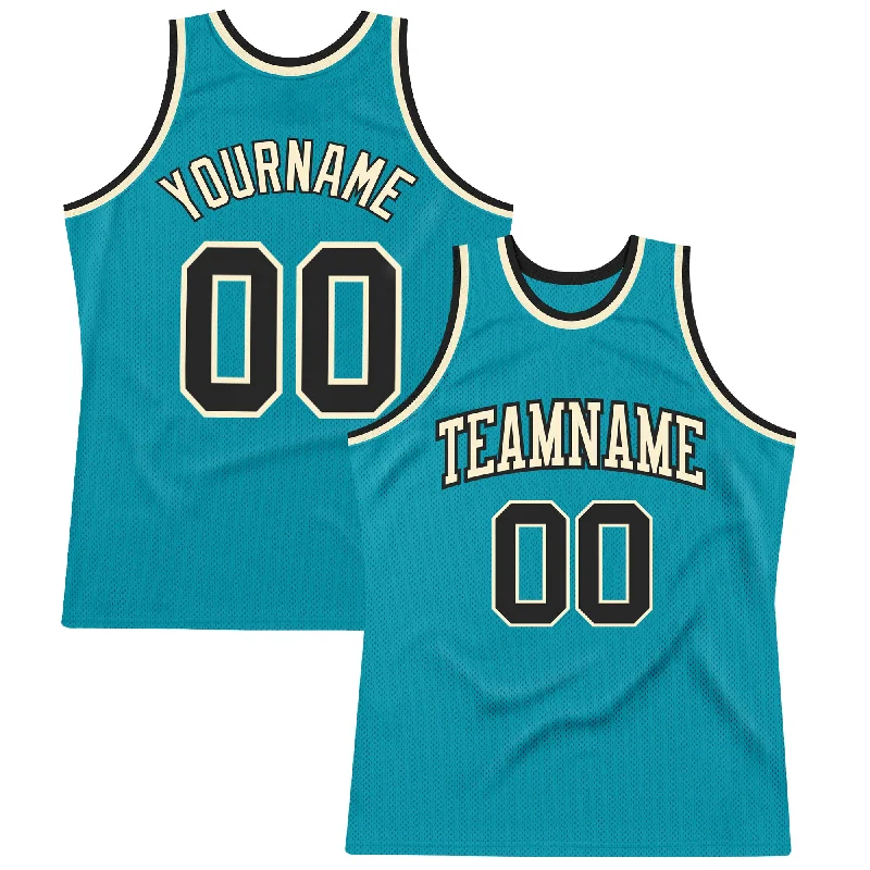 Custom Teal Black-Cream Authentic Throwback Basketball Jersey