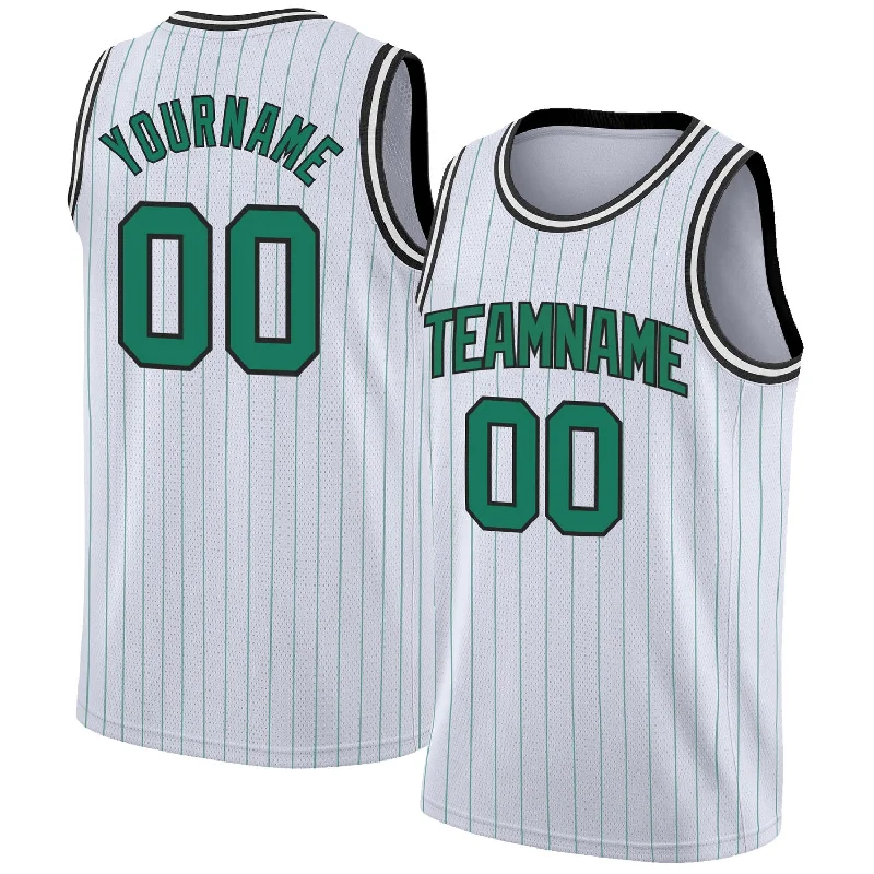 Custom White Kelly Green Pinstripe Kelly Green-Black Authentic Basketball Jersey